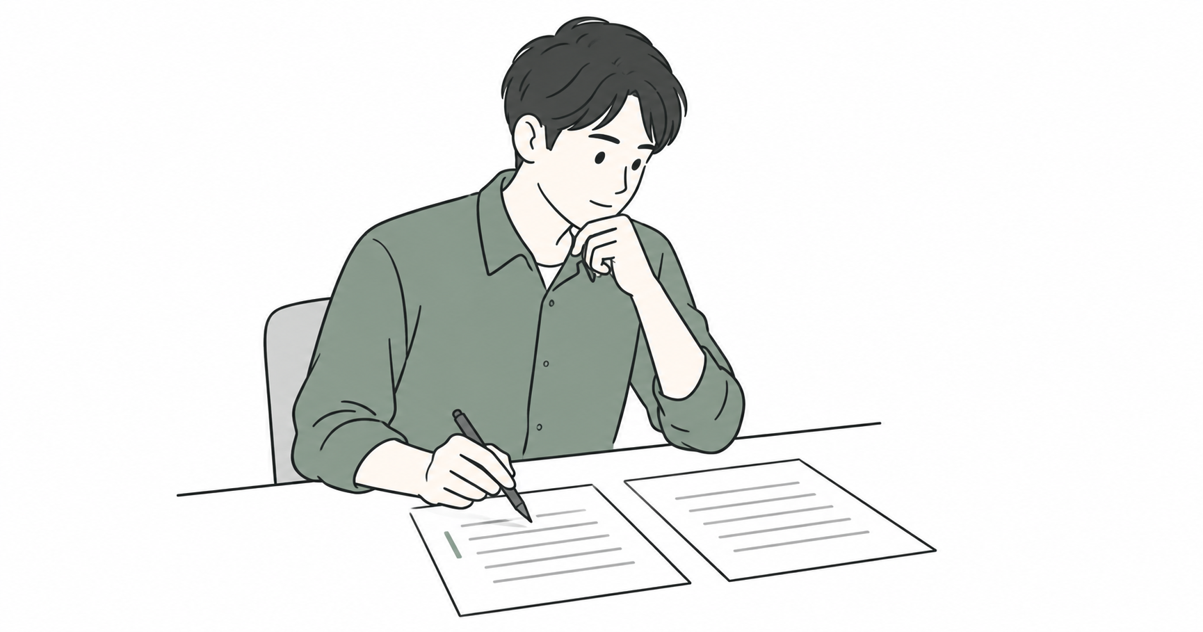 二つの原稿を見比べ、ペンで言葉遣いを確認する人の線画